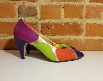 COLORFUL COLOR BLOCK Heels 80s Abstract Neon Rafael Blantini Faux Snakeskin Metallic Leather Party Preppy 90s Purple Pink Green Orange Gold