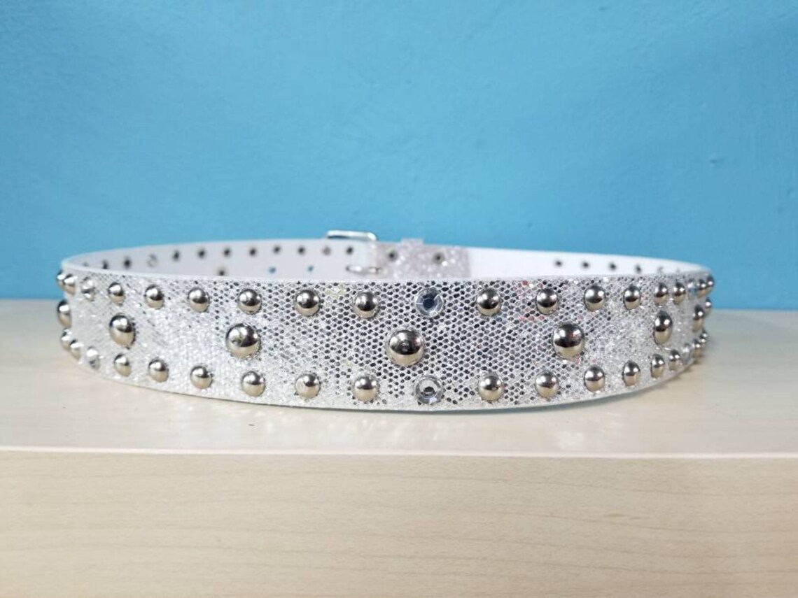 SILVER GLITTER Belt // Studded Metallic Faux Leather White Etsy