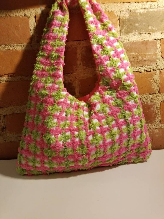 NEON SHAG PURSE // Hot Pink Neon Lime Green Check… - image 5