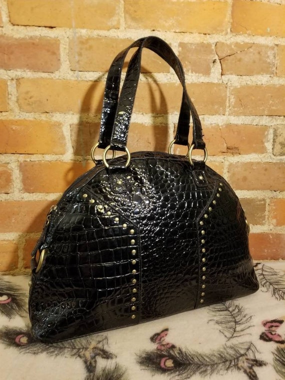 BLACK CROCODILE PURSE // 90s Oversized Faux Patent