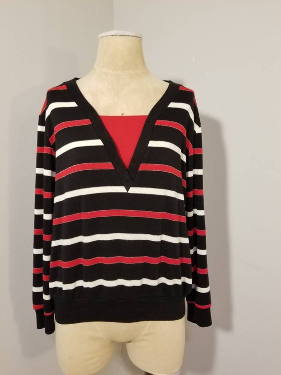 VINTAGE STRIPED SHIRT // 80's Black Red White V N… - image 1