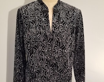 SHERI MARTIN JACKET // Vintage 90's Black Velvet Silver Glitter Cardigan Sweater Blazer New York Cocktail Formal Wedding Holiday Old Money