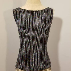 GROOVY GLITTER TOP // 90's Black Metallic Silver Swirl Wavy Print Bead Fringe Club Wear Raver Party Top Shirt Y2K 2000s New Year's Holiday