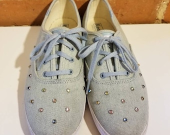 KEDS DENIM SNEAKERS // Vintage 90's Rhinestone Studded Lite Wash Jean Denim Tennis Shoes Blue Gym Shoes Flats Lace Up Kicks Back To School 8