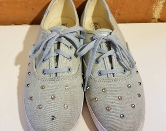 KEDS DENIM SNEAKERS // Vintage 90's Rhinestone Studded Lite Wash Jean Denim Tennis Shoes Blue Gym Shoes Flats Lace Up Kicks Back To School 8