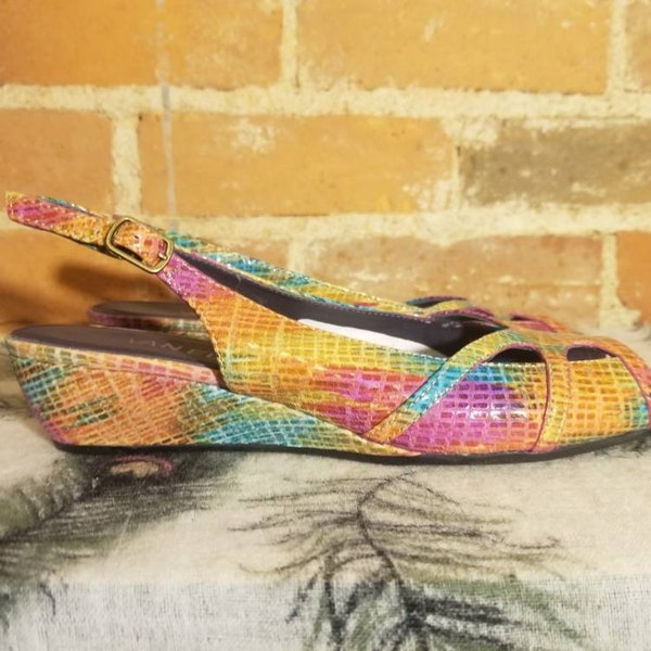 RAINBOW VAN ELI Slingbacks // 90's Colorful Wedge Sandals Buckle Strap Heels Shoes Open Toe Size 7 Spring Summer Easter Cut Out Slides Comfy