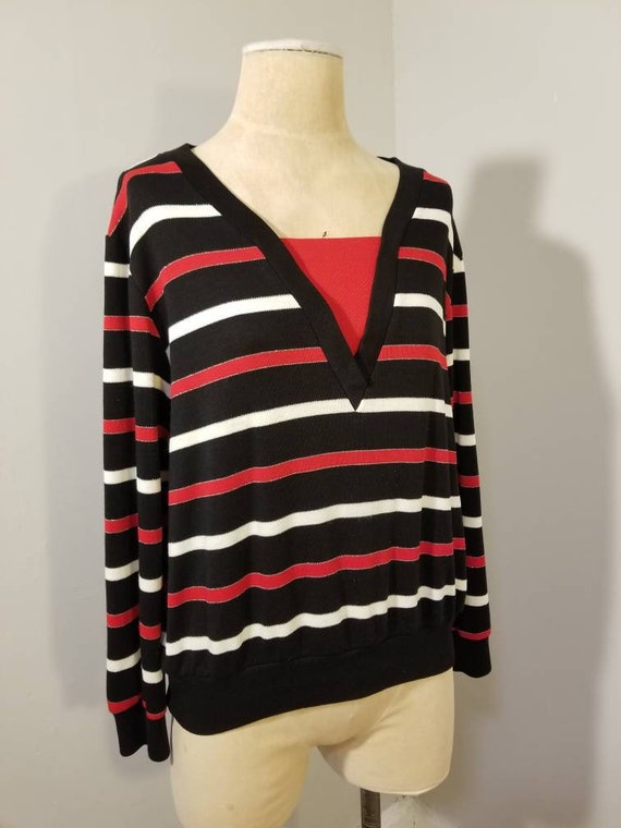 VINTAGE STRIPED SHIRT // 80's Black Red White V N… - image 2