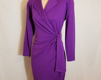 LIZ CLAIBORNE DRESS // Gorgeous Vintage 80's Purple Wool Wrap Dress Size xs Long Sleeve 90's Preppy Work Wear Knit Shoulder Pads Cinched Hot
