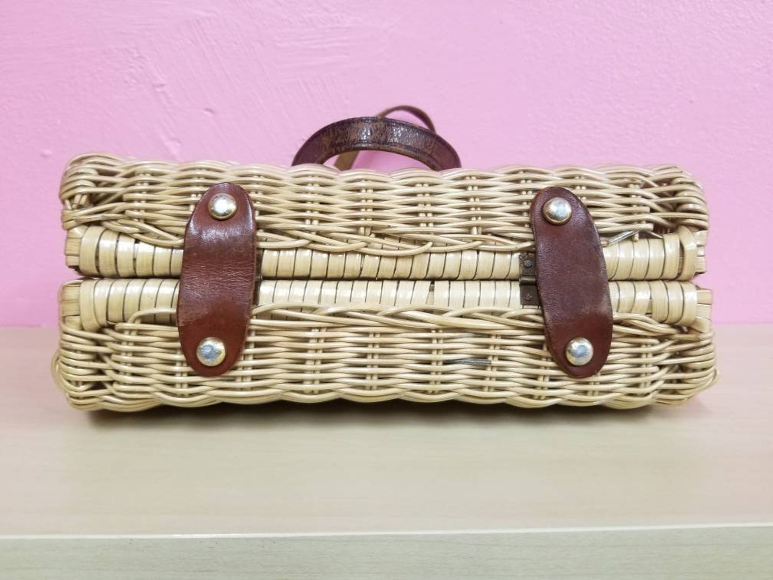 WOVEN BASKET PURSE // 60's Brown Leather Structured Etsy
