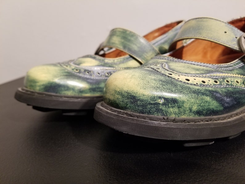 JOHN FLUEVOG SHOES // Wingtip Rockabilly Blue and Green Mary Janes Women's Preppy Hipster Artistic Punk Leather Rare Poland Buckle Flats Mod image 7