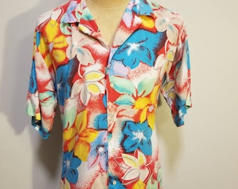 ISLANDER HAWAIIAN SHIRT // Vintage Men's 70's Abstract Floral Print Colorful Button Down Surf Short Sleeve Shirt Size xl Beach Vacation 80's