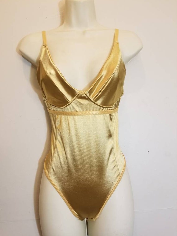 SATIJN BODYSUIT // 90's Sexy Metallic Gold Bodysuit - Etsy