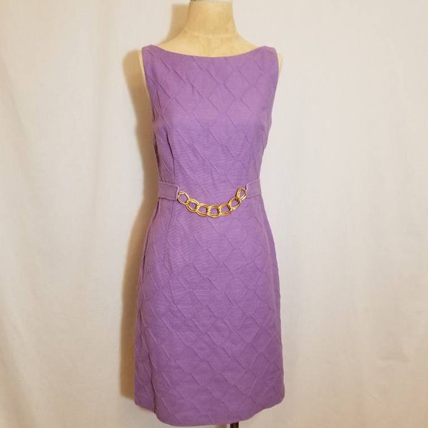 MILLY of NEW YORK Dress / Vintage Purple Quilted Geometric Design Gold Chain Link Belt Size 6 Wedding Spring Easter Summer Retro Baby Shower