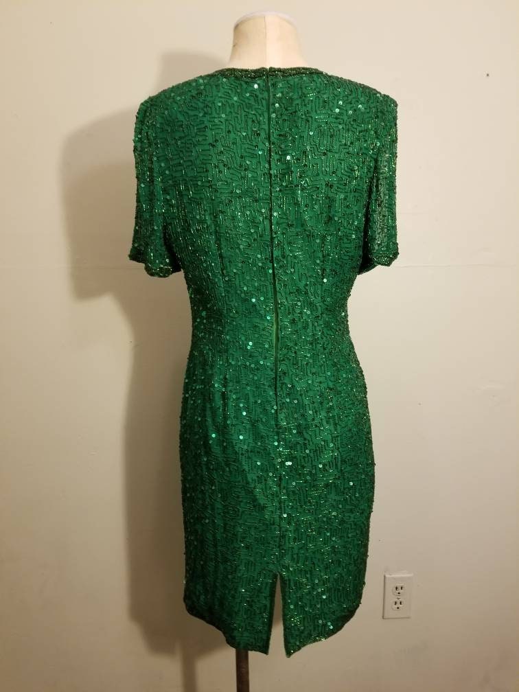 NEIMAN MARCUS DRESS Gorgeous Couture Beaded Sequin Silk Dress Emerald Bright Green Vintage Party New Years Wedding 80s One of A Kind 90s Etsy