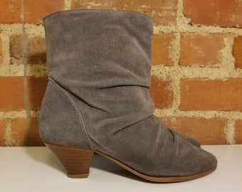 NOT FOR SALE // Gray Boots 80's Bootineers Genuine Suede Leather Ankle Boots Hipster Punk Rocker 70's Low Wooden Stacked Heels Size 8 Mod