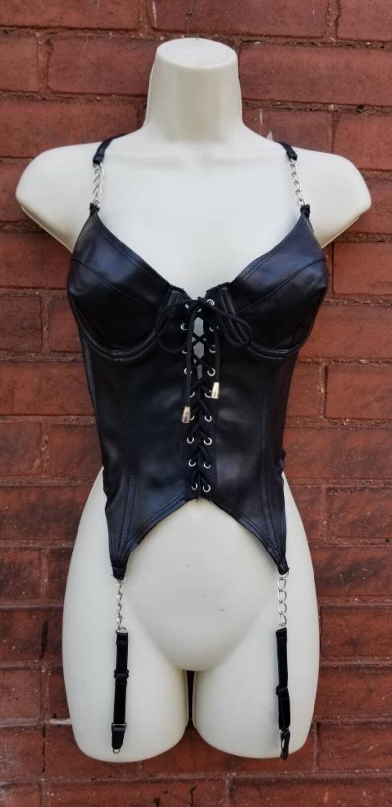 CHAIN LEATHER BODYSUIT Black Mesh Frederick/'s Of Hollywood S/&M Lace Up Underwire Bra Dancer Goth Witch Dominatrix Dancer 90/'s Garter Belt 36