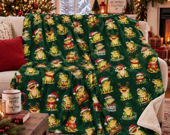 Weihnachtsfroschdecke, niedliche Frosch-Sherpa-Decke, Weihnachtsgeschenk für Froschliebhaber, kuschelige Festtagsdecke, lustige Froschdeko