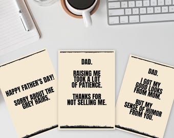 Paquete de tarjetas divertidas para el Día del Padre / Humor sarcástico para papás, imprimibles minimalistas (descarga digital)