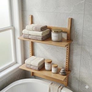 Puede incluir: Una estantería de pared de madera clara de dos niveles con soportes verticales ajustables. El estante superior sostiene una pila de dos toallas beige dobladas y un frasco de vela cilíndrico. El estante inferior sostiene dos toallas beige dobladas, dos frascos de vela pequeños y tres piedras grises.