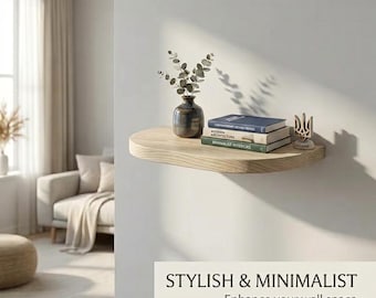 Mensola galleggiante in rovere massello, decorazione murale minimalista in legno, finitura moderna a olio naturale.
