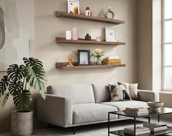 Juego de estantes flotantes de roble macizo – Repisa minimalista de madera para exhibición en la pared