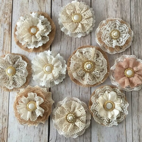 10 burlap and lace rustic handmade flowers with plastic buttons