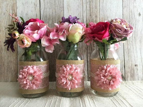 3 Pink And Burlap Mason Jar Vases Wedding Bridal Shower Etsy