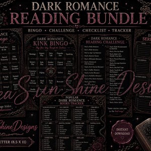 Puede incluir: Un paquete digital de lectura de romance oscuro con cinco páginas sobre fondo negro y texto en oro rosa. Incluye bingo de libros, bingo kink, desafío de lectura, lista de verificación de series y rastreador de libros. Texto "Dark Romance Reading Bundle" y "RaeaSunShineDesigns", dimensiones 21,6 x 27,9 cm.