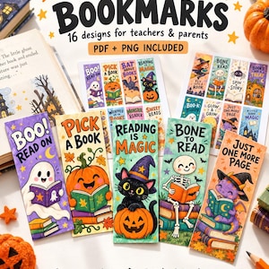 May include: A set of printable Halloween bookmarks featuring 16 designs with illustrations of ghosts, pumpkins, black cats, skeletons, and dragons reading books. The text includes phrases like Boo Read On, Pick A Book, and Reading Is Magic.
