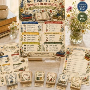 May include: A printable TBR card game set featuring a main menu sheet, instruction sheets, a reading order log, and multiple decks of illustrated cards categorized by mood, trope, dynamic, spice, setting, and wildcard, all with floral motifs.
