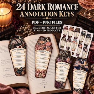 Op de afbeelding: Een set van 24 dark romance annotatiesleutels in doodskistvorm, inclusief PDF- en PNG-bestanden voor commercieel gebruik. De ontwerpen bevatten illustraties van schedels, rozen, champagne en slangen, met lege regels voor het noteren van thema's.