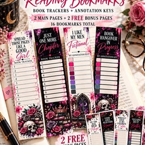 Op de afbeelding: Een set bedrukte bladwijzers met dark romance-thema's, roze en paarse bloemaccenten, schedels en kronen. De bladwijzers bevatten teksten zoals "Just One More Chapter" en "Book Hangover In Progress", samen met genummerde boeken-trackers en kleurgecodeerde annotatiesleutels.