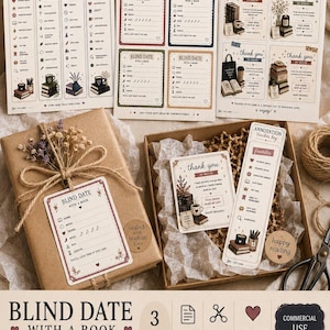 Könnte beinhalten: Ein druckbares Blind Date with a Book Versandset mit Annotation-Tracker-Schlüsseln, Dankeskarten und Bewertungsanhängern. Das Set enthält drei 21,6 x 27,9 cm große PDF-Seiten mit Illustrationen von Büchern, Kerzen und Blumen in warmen Farben.