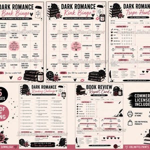 Puede incluir: Un conjunto de cinco páginas de descarga digital con rastreadores de lectura, tarjetas de bingo y hojas de reseñas con temática Dark Romance. Las páginas incluyen ilustraciones en negro y rosa de calaveras, rosas y libros con texto.