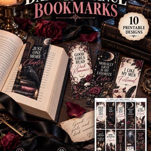 Puede incluir: Un conjunto de 10 marcapáginas imprimibles con temas de romance oscuro, con ilustraciones góticas de cuervos, calaveras, rosas y lunas. Los diseños incluyen textos como Just One More Chapter, Good Girls Read Dark Romance y Morally Gray Is My Favorite Color.