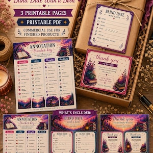 Puede incluir: Un kit de envío para amantes de los libros que incluye tres páginas PDF imprimibles con claves de seguimiento de anotaciones, etiquetas de cita a ciegas con un libro y tarjetas de agradecimiento con ilustraciones de atardeceres.