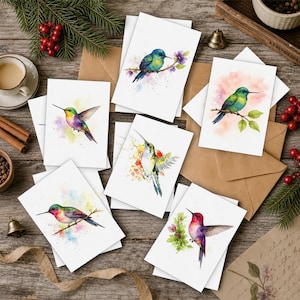 May include: A collection of six white greeting cards featuring watercolour illustrations of hummingbirds in various colours, including green, purple, and red, perched on branches or in flight, accompanied by brown envelopes on a wooden surface.