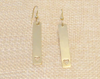 14/20KT GOLD Bar Drop Earrings with Heart , Geometric, Minimalist, Custom Made by Hand, Hypoallergenic