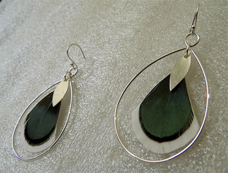 Sterling Silver Tear Drop earrings with iridescent green white feathers & sterling silver leaf pendant dangle, handmade, nickel free image 1