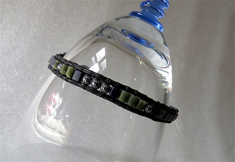 Black leather single wrap cuff bracelet Unisex Urban Sterling Silver Antiqued beads Jade tube beads Miyuki beads handmade unique image 5