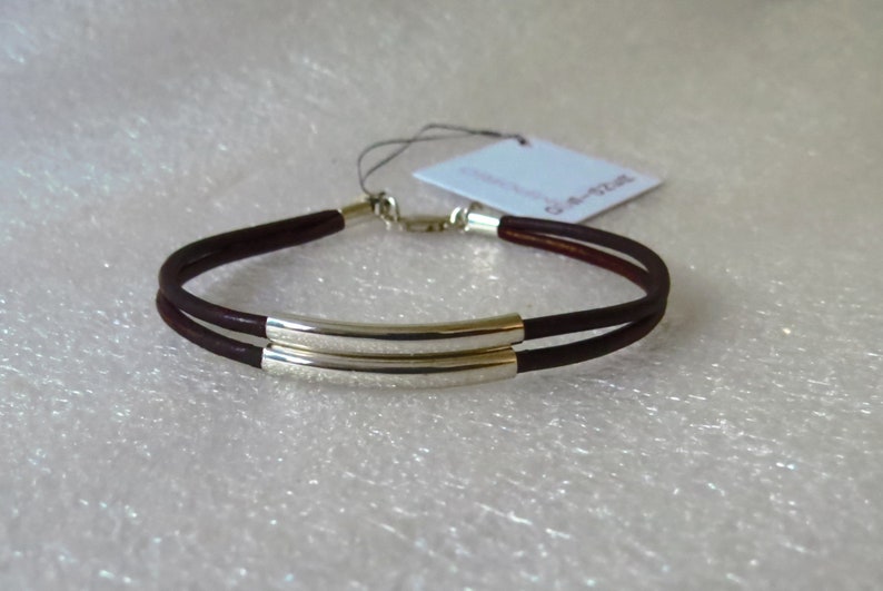Unisex Urban SS heart pendant 9 leather colors unique double strand leather bracelet w 2 lge sterling silver tube beads handmade