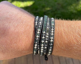 5x urban wrap cuff bracelet, Sterling Silver antiqued+matte SS beads, bracelet SS Beaded Leather handmade, adjustable, personalized