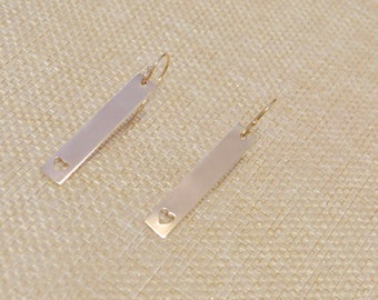 14/20KT ROSE Gold Bar w Heart Drop Earrings, Geometric, Minimalist, Custom Made by Hand, Hypoallergenic