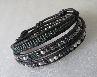 Sterling Silver Beaded Leather Anklet: Urban Wrap Cuff, Adjustable
