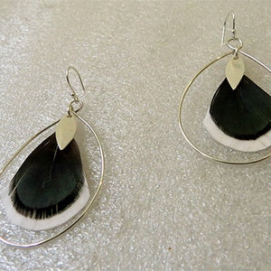 Sterling Silver Tear Drop earrings with iridescent green white feathers & sterling silver leaf pendant dangle, handmade, nickel free image 4