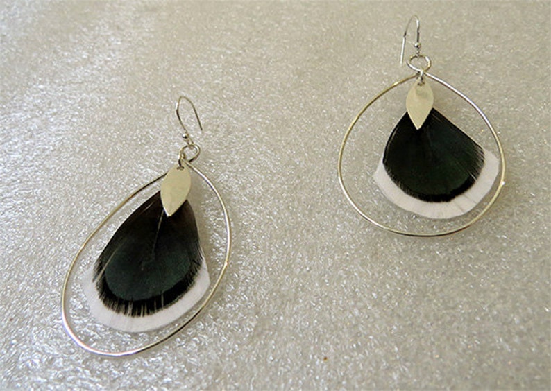 Sterling Silver Tear Drop earrings with iridescent green white feathers & sterling silver leaf pendant dangle, handmade, nickel free image 4