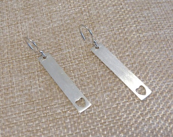 925 Sterling Silver Rectangular Drop Earrings with Heart, Modern Matte Finish, Geometric, Minimalist, Custom Made by Hand, Hypoallergenic