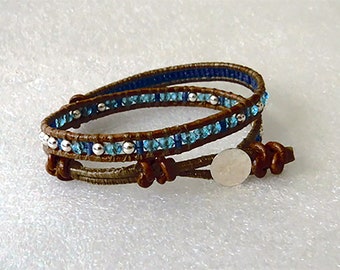 Boho cuff, Sterling silver & aqua crystal on natural leather 2x wrap bracelet, Miyuki beads, handmade, unique|handmade|urban|custom-made