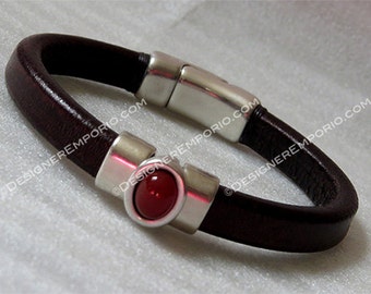 Urban unisex brown Regaliz leather bracelet, European Zamak magnetic clasp & Carnelian 3 pc sliders, handmade