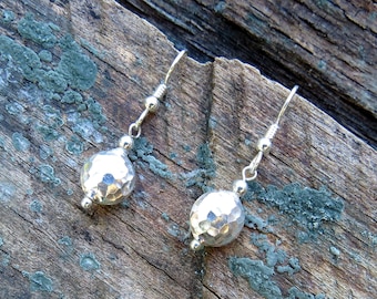 Sterling Silver Hammered Puff Bead Dangle Earrings